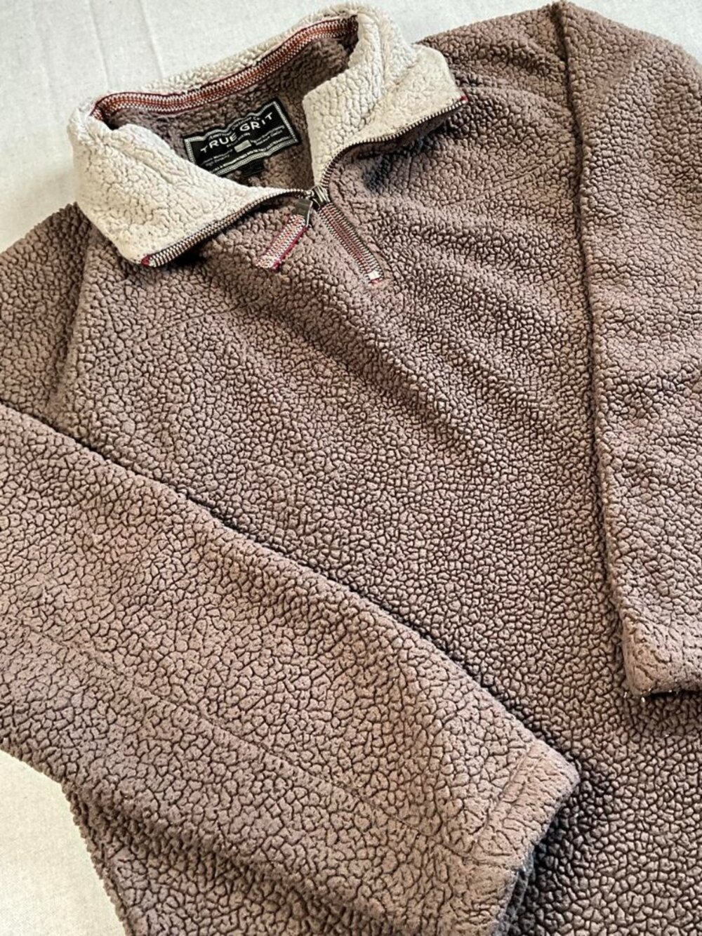 Mens True Grit Brown Gorpcore Sherpa Fleece Quarter Zip Pullover (Large)